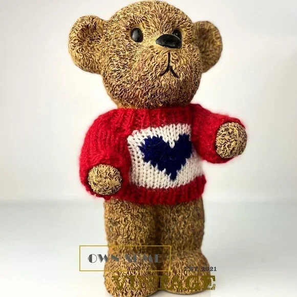 RESIN Bear Sculpture | 10" Standing Vintage Teddy Bear in Knit Sweater - Picture 9 of 10